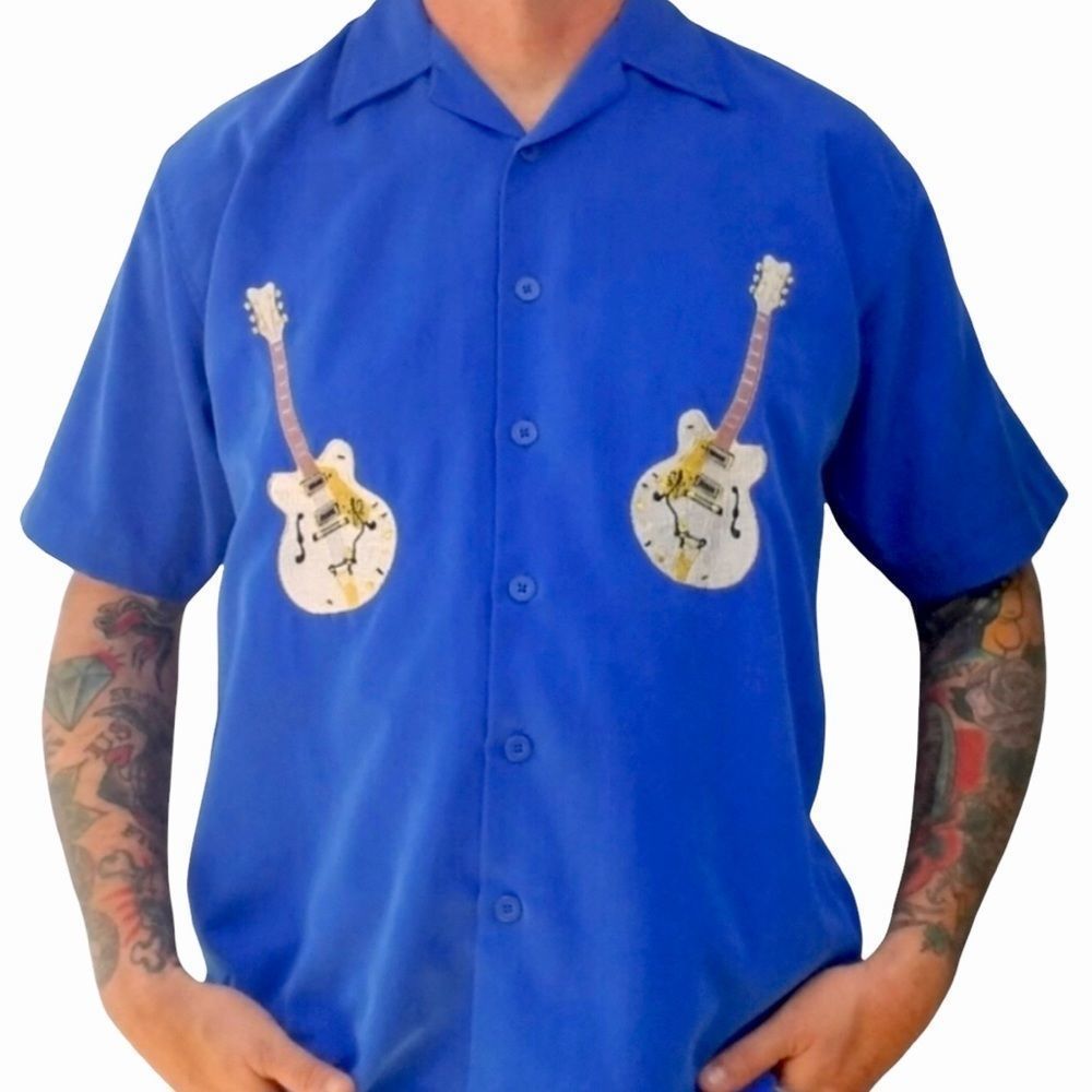Vintage Perruzo Guitar Embroidered Short Sleeve Blue Shirt sz M